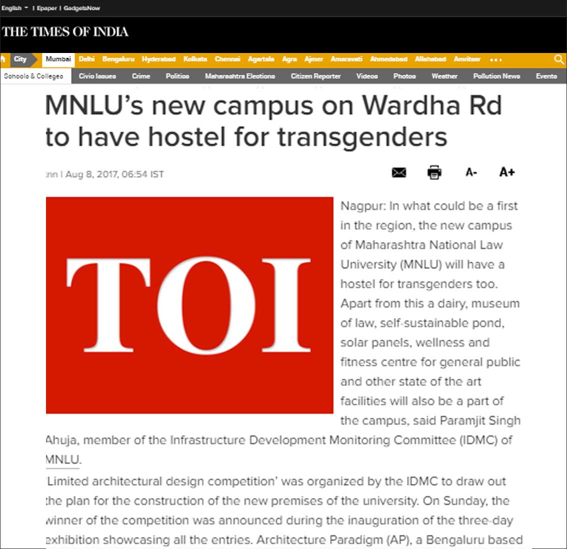 MNLU's new campus on Wardha Road to have hostel for transgenders, The Time of India- August 2017